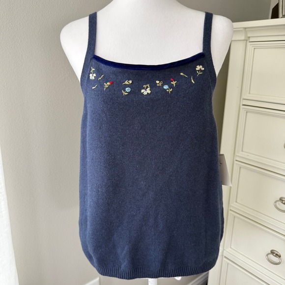 Liz Claiborne Tops - Liz Claiborne Navy‎ Blue Embroidered Floral Velvet Trim Knit Tank Top Women's L